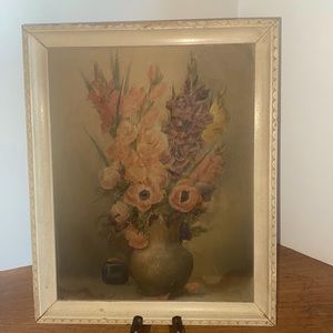 1930’s W.E. Powell signed raised 3D floral still life print in original frame